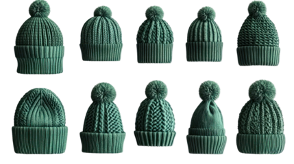 Green knit winter hats collection, various styles, isolated on transparent background