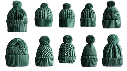 Green knitted beanies collection, winter fashion, cozy hats