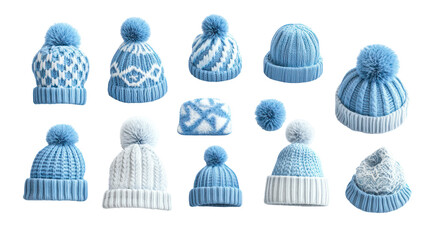 Collection of knitted winter hats with pom poms, isolated on transparent background