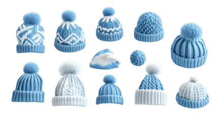 Collection of knitted hats with pom poms, various styles, isolated on transparent background