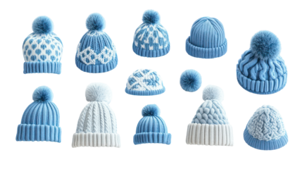 Collection of blue knitted hats with pom poms, various styles, isolated on transparent background