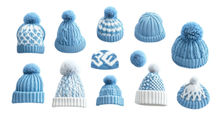Collection of blue knitted hats with pom poms, various styles, isolated on transparent background