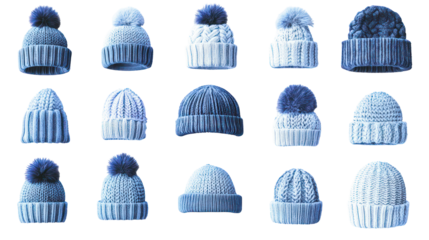 Blue knit beanies collection, winter fashion, isolated on transparent background