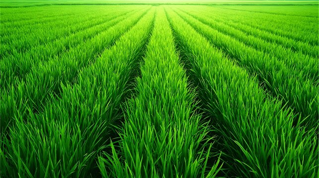 Rows of perfectly aligned green rice plants in a lush agricultural field under natural light