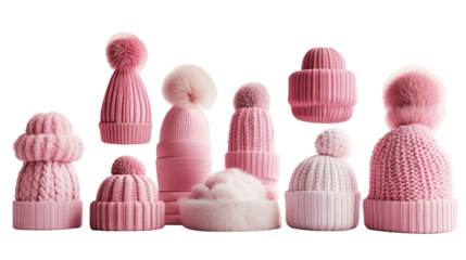 Pink knit beanies collection, winter accessories, cozy hats, pom poms, warm fashion