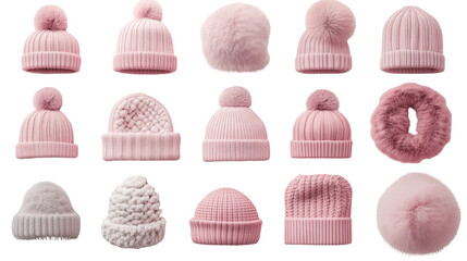 Collection of stylish pink knit beanies on transparent background