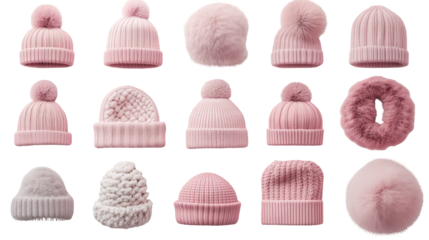 Collection of stylish pink knit beanies on transparent background