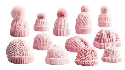 Pink knitted hats collection, winter accessories, cozy beanies, cute designs, isolated on transparent background