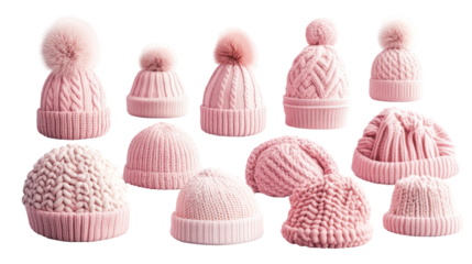 Pink knitted hats collection, winter accessories, cozy beanies, cute designs, isolated on transparent background