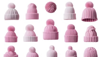 Pink knitted beanies collection, isolated on transparent background