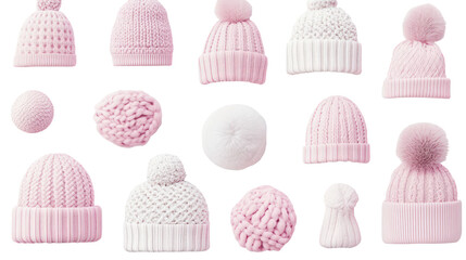 Pink knit beanies collection, winter accessories, isolated on transparent background