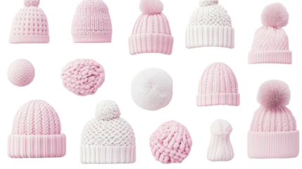 Pink knit beanies collection, winter accessories, isolated on transparent background