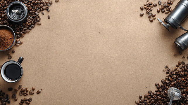 A flat lay of coffee beans, a black coffee cup, and coffee-related accessories on a kraft paper background.