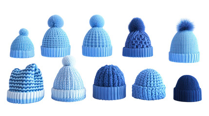 Collection of knitted winter hats with pom poms, various styles, isolated on transparent background