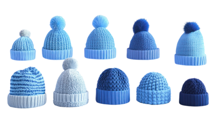 Blue knit beanies collection, winter hats, various styles, isolated on transparent background