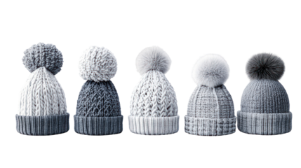 Stylish knit winter hats with pom poms, various designs, isolated on transparent background