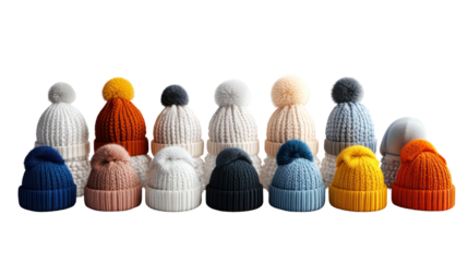 Colorful knitted beanies with pom poms, winter accessories, flat lay, isolated on transparent background