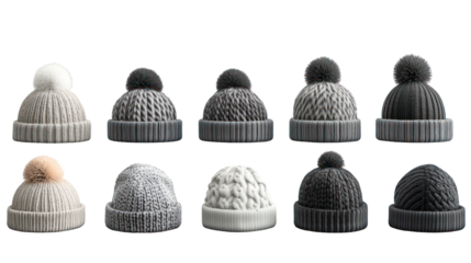 Collection of knitted winter hats with pom poms, various styles and colors, isolated on transparent background