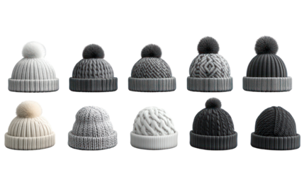 Collection of knitted winter hats with pom poms, isolated on transparent background