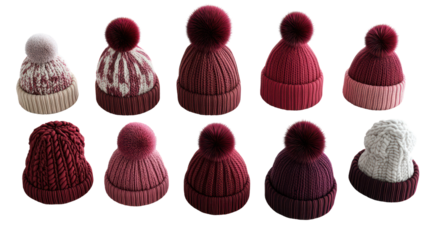 Collection of knitted beanies with pom poms on transparent background