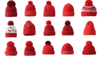 Red knit beanies collection, winter hats with pom poms, isolated on transparent background