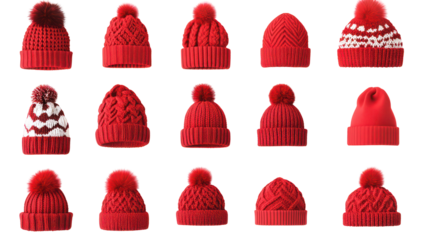 Red knitted beanies with pom poms, various styles, isolated on transparent background