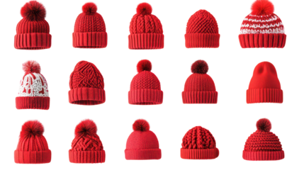Collection of red knitted beanies with pom poms on transparent background