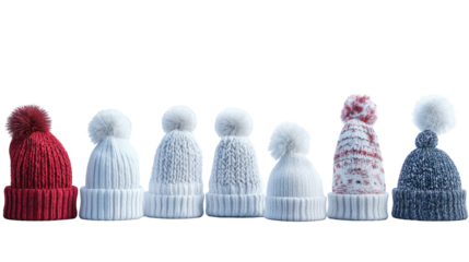 Colorful knit beanies with pom poms, winter accessories, fashion hats, isolated on transparent background