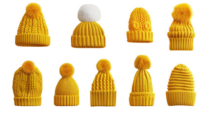Bright yellow knitted hats collection, winter fashion, cozy style