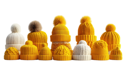Colorful knit hats collection with pom poms, winter accessories, yellow, orange, white, warm, cozy, fashion, family, kids, adults, isolated on transparent background