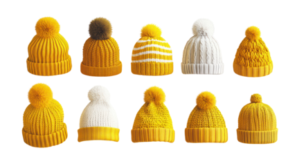 Vibrant knitted hats collection, winter accessories, yellow beanies, pom poms, cozy designs