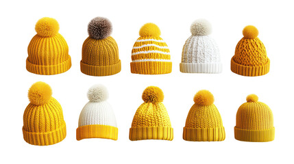 Colorful knitted hats with pom poms, winter accessories, cozy designs