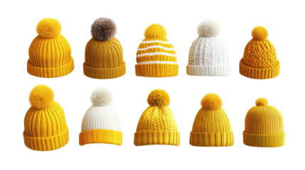 Colorful knitted hats with pom poms, winter accessories, cozy designs