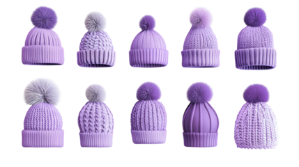 Purple knitted beanies with pom poms, isolated on transparent background