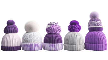 Colorful knit hats with pom poms, winter accessories, purple designs