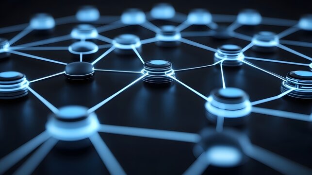 Digital nodes illuminate connected across a dark, intricate structure
