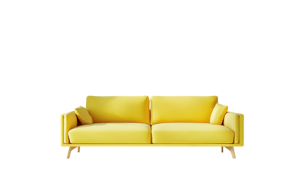 Vibrant yellow sofa, modern design, front view, isolated on transparent background