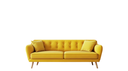 Bright yellow sofa, modern design, front view, isolated on transparent background