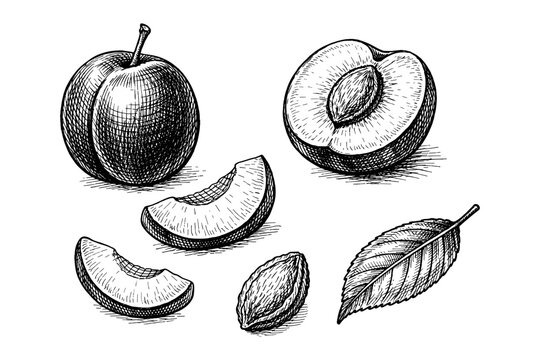 Detailed hand-drawn plum sketch with whole fruit slices and leaf