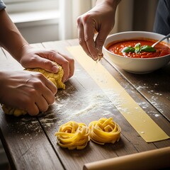 Two pairs of hands prepare homemade pasta ingredients on a rustic wooden surface