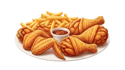 Plate of fried chicken and french fries with dipping sauce isolated on a transparent background