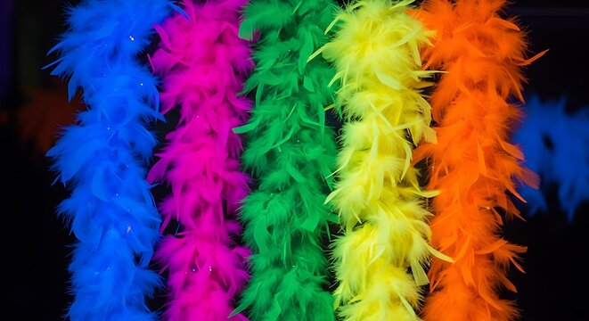 A colorful array of feather boas in vibrant hues against a dark background