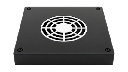 Black electronic device with a white fan grill