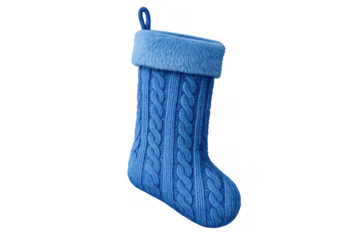 Blue knitted christmas stocking displaying cable knit pattern and soft faux fur cuff, ready for holiday gifts, transparent background