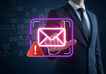 Businessman Touching Virtual Glowing Email Icon with Warning Alert for Cybersecurity Data Breach and Phishing Protection Concept