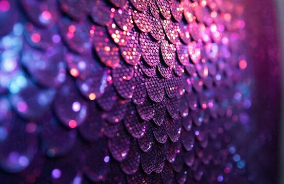 Close up of purple fabric covered in shiny round sequins sewn like fish scales. Sparkling light creates bokeh effects on the textured surface, hinting at festive or glamour themes.