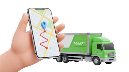 Delivery truck and navigation app on smartphone