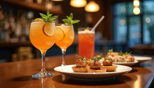 Orange spritz cocktails with citrus slices and mint sit near tapas appetizers on a bar counter. Guests enjoy drinks and small bites at a cafe or restaurant.