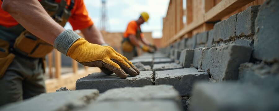 Construction workers build stone wall. Masons place grey bricks, apply mortar, wear safety gear. Team works on site, building structure with precision and hard labor.