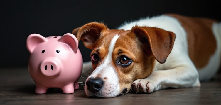 Cute dog rests beside pink piggy bank. Adorable pet and savings object together. Concept of saving money for pet care or pet related finance.